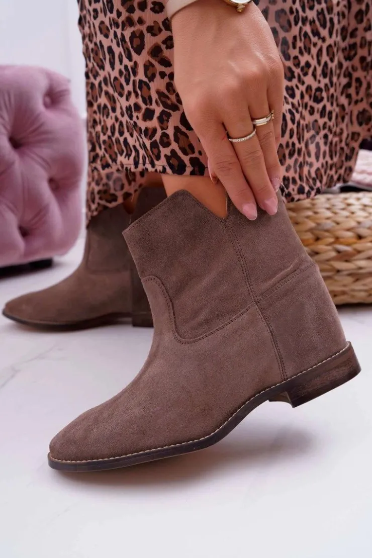 Boto Botki Na Koturnie|Brązowe I Beżowe Botki*Botki Damskie Ukryty Koturn Płaski Obcas Cappuccino Ciemne Nicole 2419