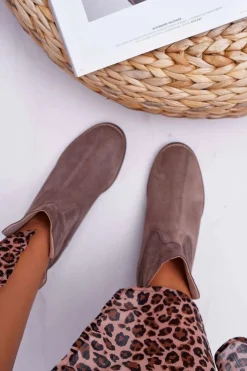 Boto Botki Na Koturnie|Brązowe I Beżowe Botki*Botki Damskie Ukryty Koturn Płaski Obcas Cappuccino Ciemne Nicole 2419