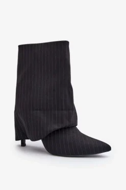 New Boto Botki Damskie W Paski Na Szpilce Z Wywiniętą Cholewką I Noskami W Szpic Czarne Naritua Czarny