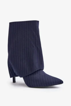 Damskie Boto Botki Damskie W Paski Na Szpilce Z Wywiniętą Cholewką I Noskami W Szpic Granatowe Naritua