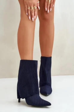 Damskie Boto Botki Damskie W Paski Na Szpilce Z Wywiniętą Cholewką I Noskami W Szpic Granatowe Naritua