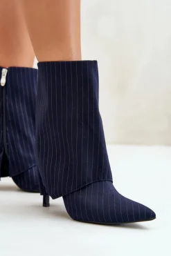 Damskie Boto Botki Damskie W Paski Na Szpilce Z Wywiniętą Cholewką I Noskami W Szpic Granatowe Naritua