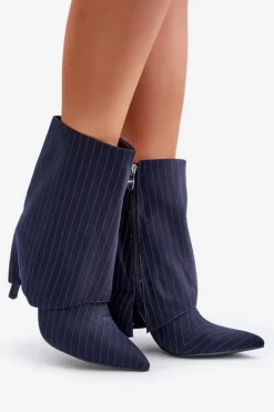 Damskie Boto Botki Damskie W Paski Na Szpilce Z Wywiniętą Cholewką I Noskami W Szpic Granatowe Naritua