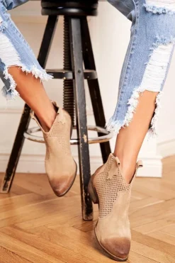 Outlet Boto Botki Damskie Welurowe Exquisite Jasno Beżowe 1166