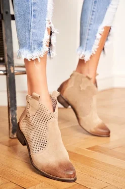 Outlet Boto Botki Damskie Welurowe Exquisite Jasno Beżowe 1166