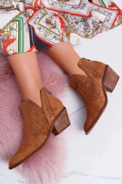Boto Botki Wiosenne|Brązowe I Beżowe Botki*Botki Damskie Wiosenne Kowbojki Camel Matty