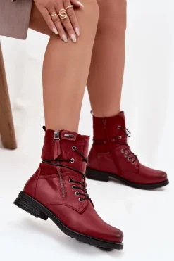 Evento Botki Sznurowane|Czarne Botki*Botki Damskie Workery Bordowe Perfecto Czerwony