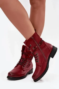 Evento Botki Sznurowane|Czarne Botki*Botki Damskie Workery Bordowe Perfecto Czerwony