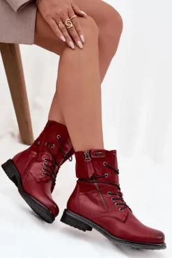Evento Botki Sznurowane|Czarne Botki*Botki Damskie Workery Bordowe Perfecto Czerwony