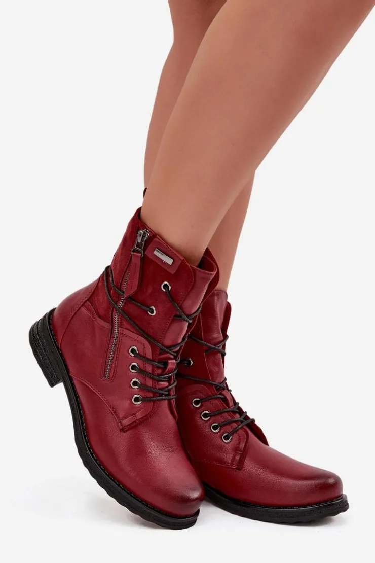 Evento Botki Sznurowane|Czarne Botki*Botki Damskie Workery Bordowe Perfecto Czerwony