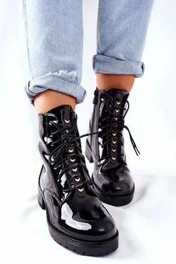 Damskie Damskie buty S.Barski Botki Damskie Workery Lakierowane Czarne Maniana