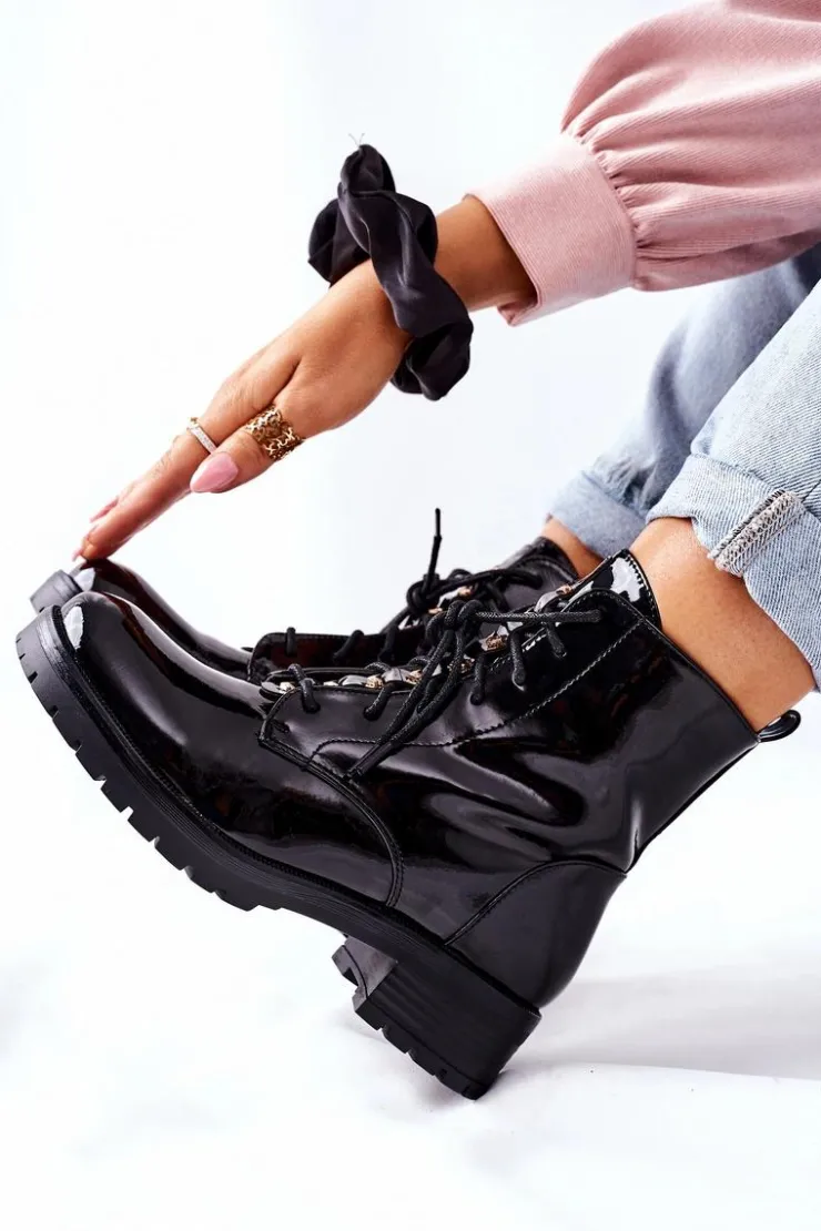 Damskie Damskie buty S.Barski Botki Damskie Workery Lakierowane Czarne Maniana