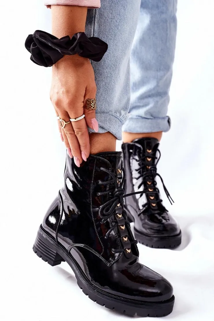 Damskie Damskie buty S.Barski Botki Damskie Workery Lakierowane Czarne Maniana