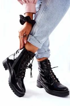 Damskie Damskie buty S.Barski Botki Damskie Workery Lakierowane Czarne Maniana
