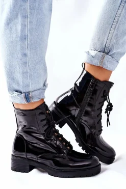 Damskie Damskie buty S.Barski Botki Damskie Workery Lakierowane Czarne Maniana