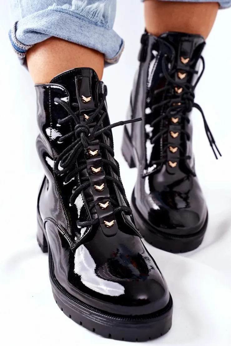 Damskie Damskie buty S.Barski Botki Damskie Workery Lakierowane Czarne Maniana