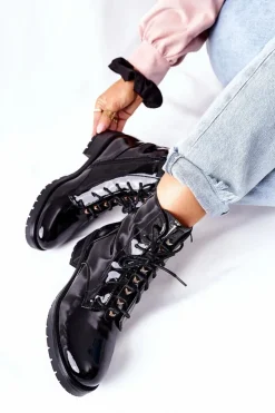 Damskie Damskie buty S.Barski Botki Damskie Workery Lakierowane Czarne Maniana