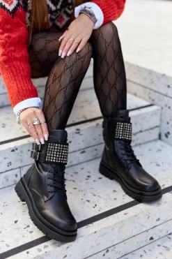 Damskie Evento Botki Damskie Workery Z Ćwiekami Czarne Eveis