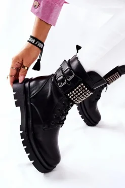 Damskie Evento Botki Damskie Workery Z Ćwiekami Czarne Eveis