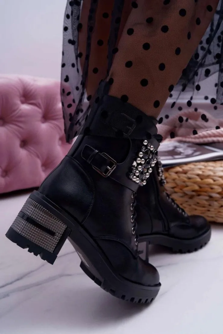 Boto Botki Sznurowane|Botki Na Słupku*Botki Damskie Wysokie Rock Z Klapą Czarne Infinity