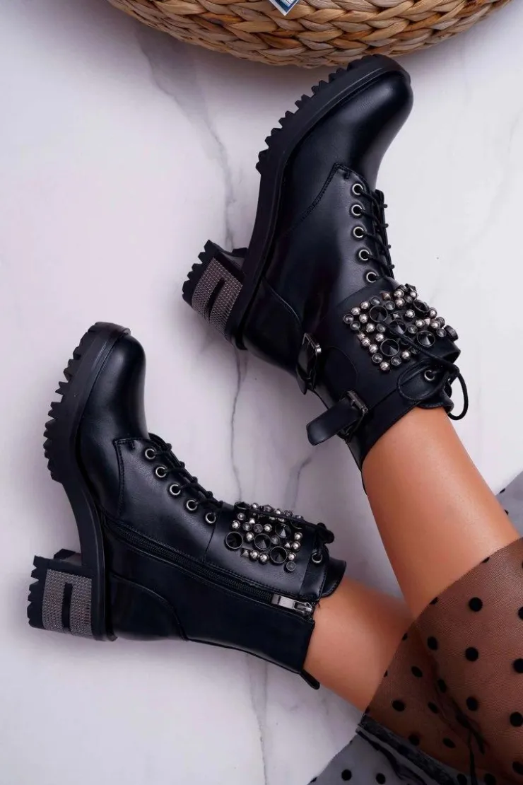 Boto Botki Sznurowane|Botki Na Słupku*Botki Damskie Wysokie Rock Z Klapą Czarne Infinity