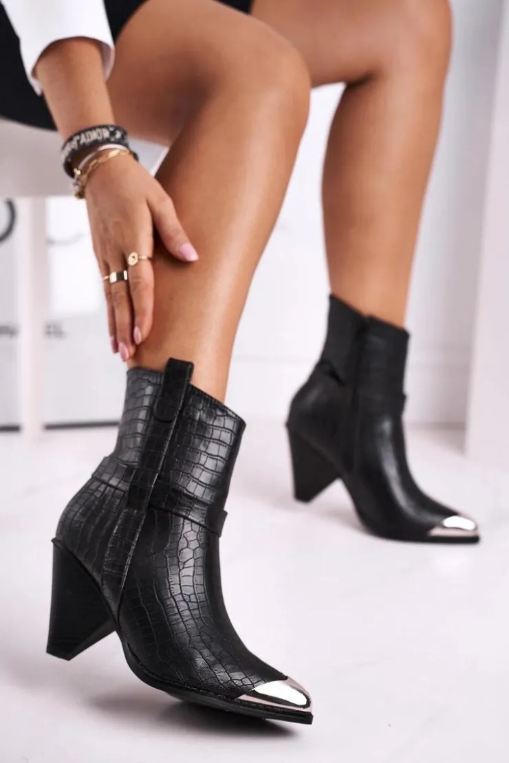 Sale Boto Botki Damskie Wysokie Stalowy Nosek Print Czarne Eternally