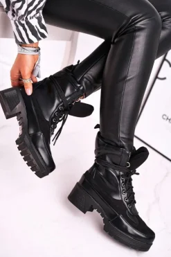 Hot Boto Botki Damskie Wysokie Sznurowane Czarne Ridley