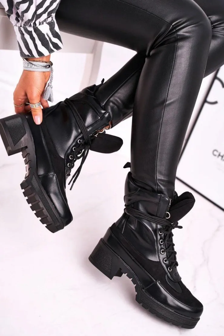 Hot Boto Botki Damskie Wysokie Sznurowane Czarne Ridley