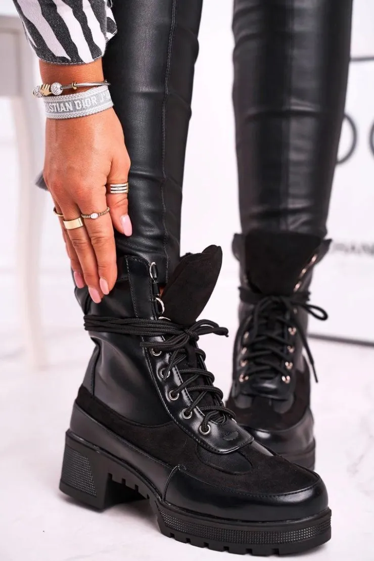 Hot Boto Botki Damskie Wysokie Sznurowane Czarne Ridley