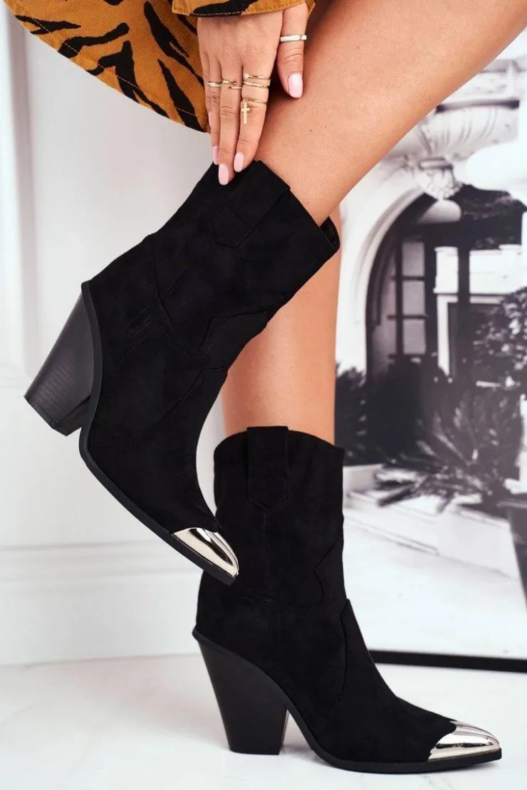 Boto Botki Na Słupku|Czarne Botki*Botki Damskie Wysokie Zamszowe Stalowy Nosek Czarne Emporia