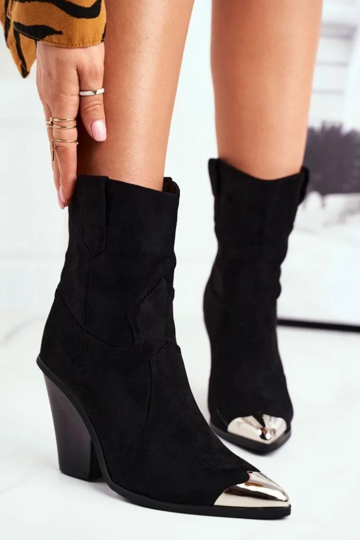 Boto Botki Na Słupku|Czarne Botki*Botki Damskie Wysokie Zamszowe Stalowy Nosek Czarne Emporia