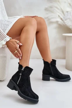 Damskie Boto Botki Damskie Z Ażurowym Wzorem Na Obcasie Czarne Oviria