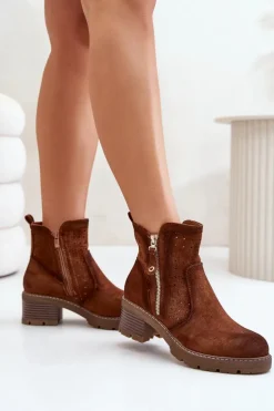 Boto Botki Na Słupku|Botki Ażurowe*Botki Damskie Z Ażurowym Wzorem Na Obcasie Brązowe Oviria Brązowy