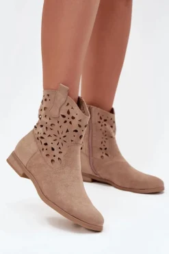 New Boto Botki Damskie Z Ażurowym Wzorem Na Płaskim Obcasie Eko Zamszowe Beżowe Athera