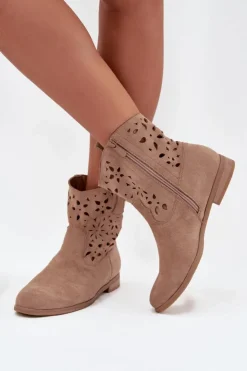New Boto Botki Damskie Z Ażurowym Wzorem Na Płaskim Obcasie Eko Zamszowe Beżowe Athera