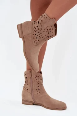 New Boto Botki Damskie Z Ażurowym Wzorem Na Płaskim Obcasie Eko Zamszowe Beżowe Athera
