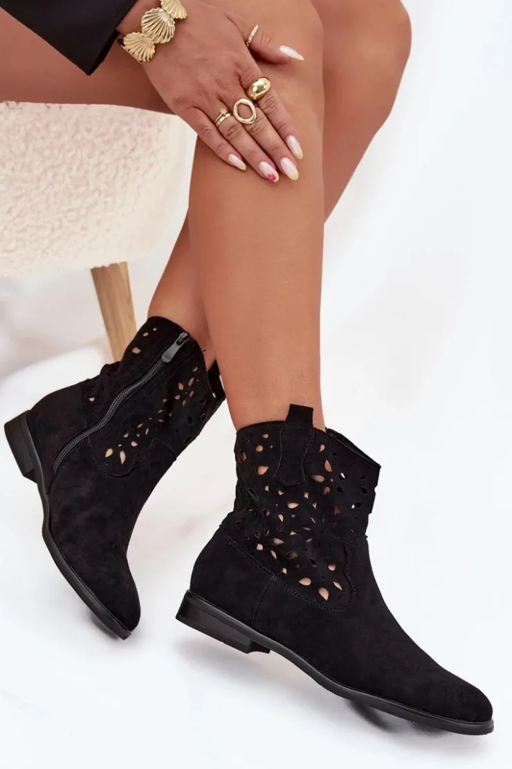 Damskie Boto Botki Damskie Z Ażurowym Wzorem Na Płaskim Obcasie Eko Zamszowe Czarne Athera