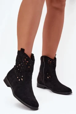 Damskie Boto Botki Damskie Z Ażurowym Wzorem Na Płaskim Obcasie Eko Zamszowe Czarne Athera