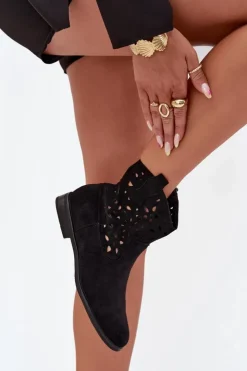 Damskie Boto Botki Damskie Z Ażurowym Wzorem Na Płaskim Obcasie Eko Zamszowe Czarne Athera