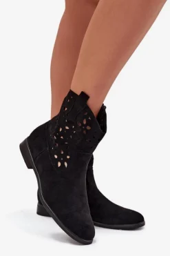 Damskie Boto Botki Damskie Z Ażurowym Wzorem Na Płaskim Obcasie Eko Zamszowe Czarne Athera