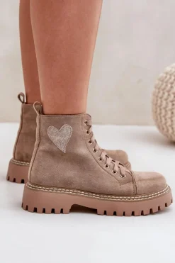 Sale Boto Botki Damskie Z Brokatowym Sercem Ciemnobeżowe Nariri