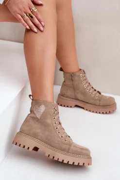 Sale Boto Botki Damskie Z Brokatowym Sercem Ciemnobeżowe Nariri