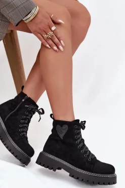 Boto Botki Sznurowane|Botki Płaskie*Botki Damskie Z Brokatowym Sercem Czarne Nariri Czarny