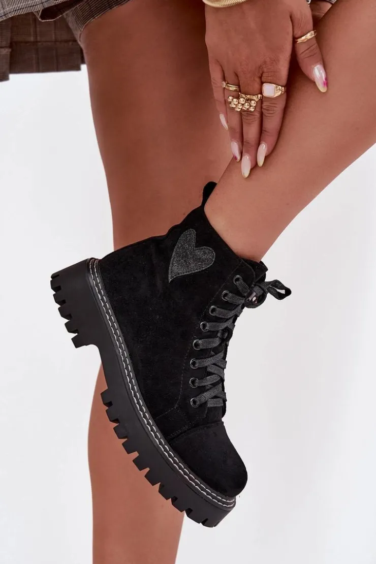 Boto Botki Sznurowane|Botki Płaskie*Botki Damskie Z Brokatowym Sercem Czarne Nariri Czarny