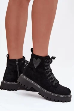Boto Botki Sznurowane|Botki Płaskie*Botki Damskie Z Brokatowym Sercem Czarne Nariri Czarny