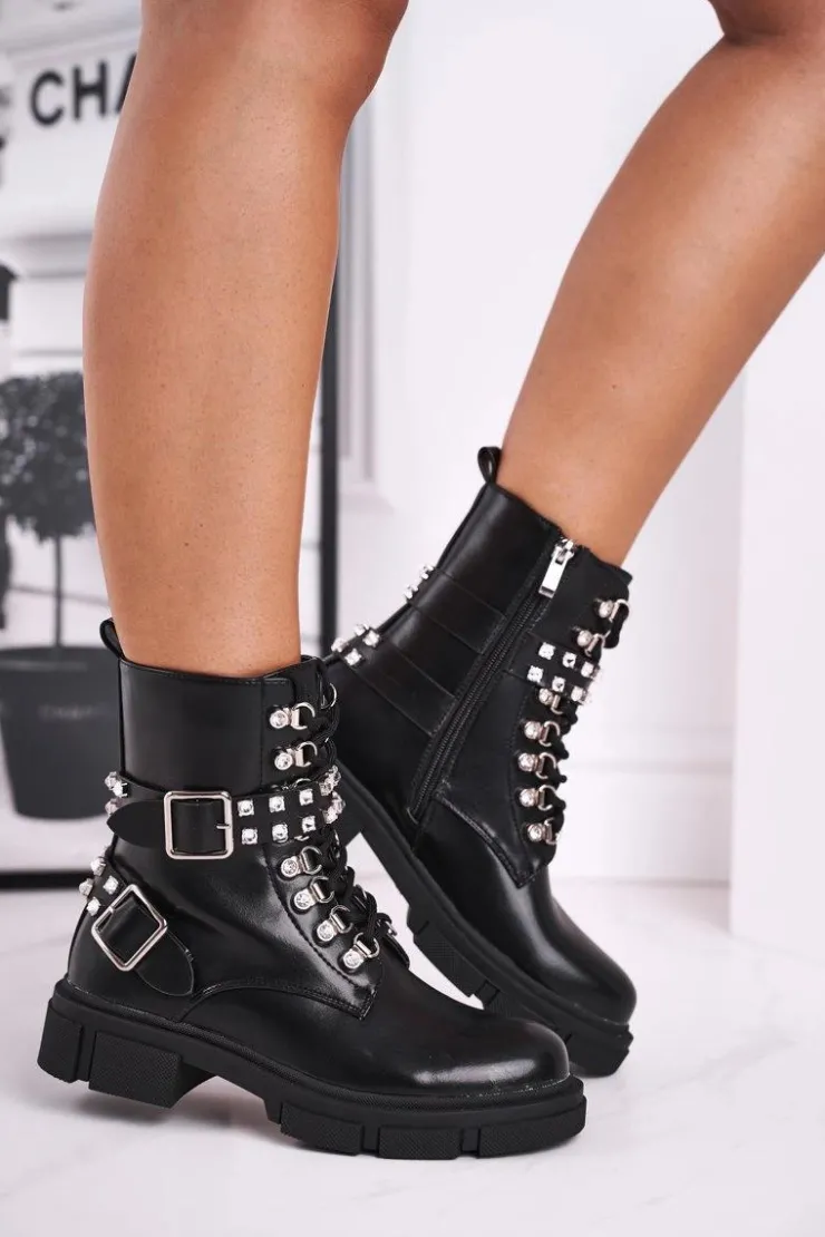 Clearance Boto Botki Damskie Z Cyrkoniami Czarne Love You Baby