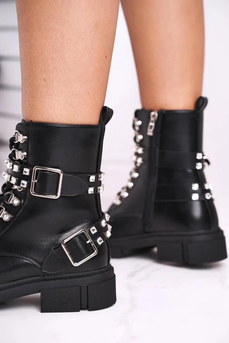 Clearance Boto Botki Damskie Z Cyrkoniami Czarne Love You Baby