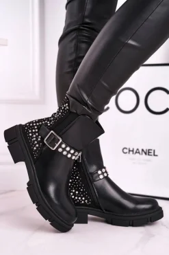 Damskie Boto Botki Damskie Z Cyrkoniami Czarne Giuliana