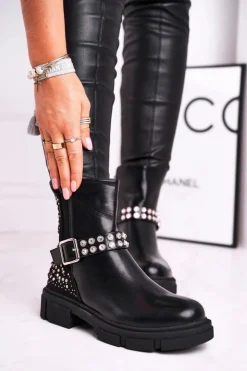 Damskie Boto Botki Damskie Z Cyrkoniami Czarne Giuliana