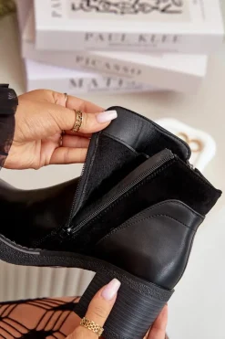 Damskie Boto Botki Damskie Z Eko Skóry Na Słupku Ocieplane Czarne Revianna